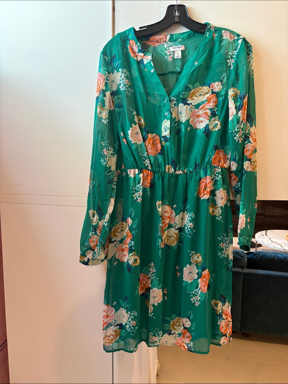 Old Navy Green Floral Button-Front Long Sleeve Dress
